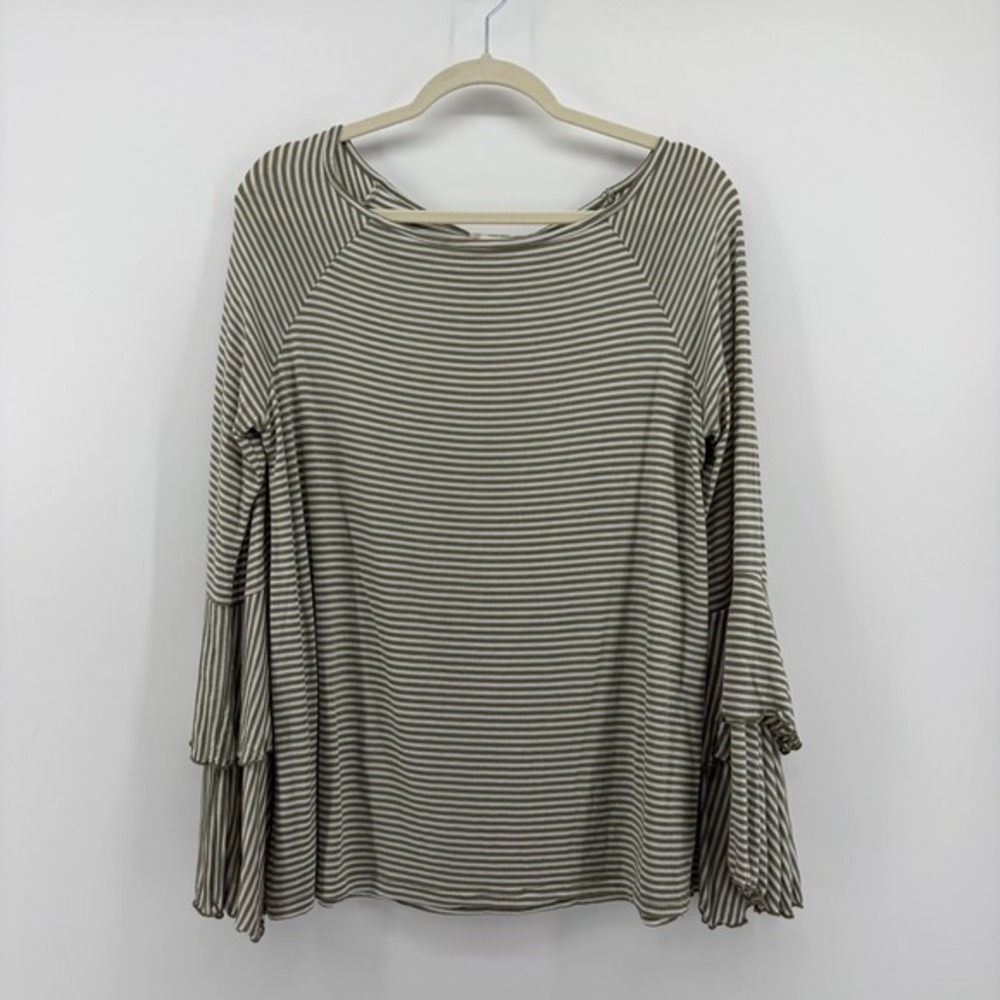 Altar'd State Striped Bell Sleeve Top Olive Green Size Large Tiered Ruffle Boho